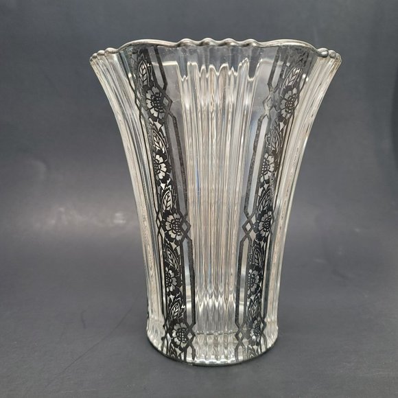 Silver Accented Fluted Glass Vase Vintage Hollywood Deco Style PR311 - Picture 10 of 13